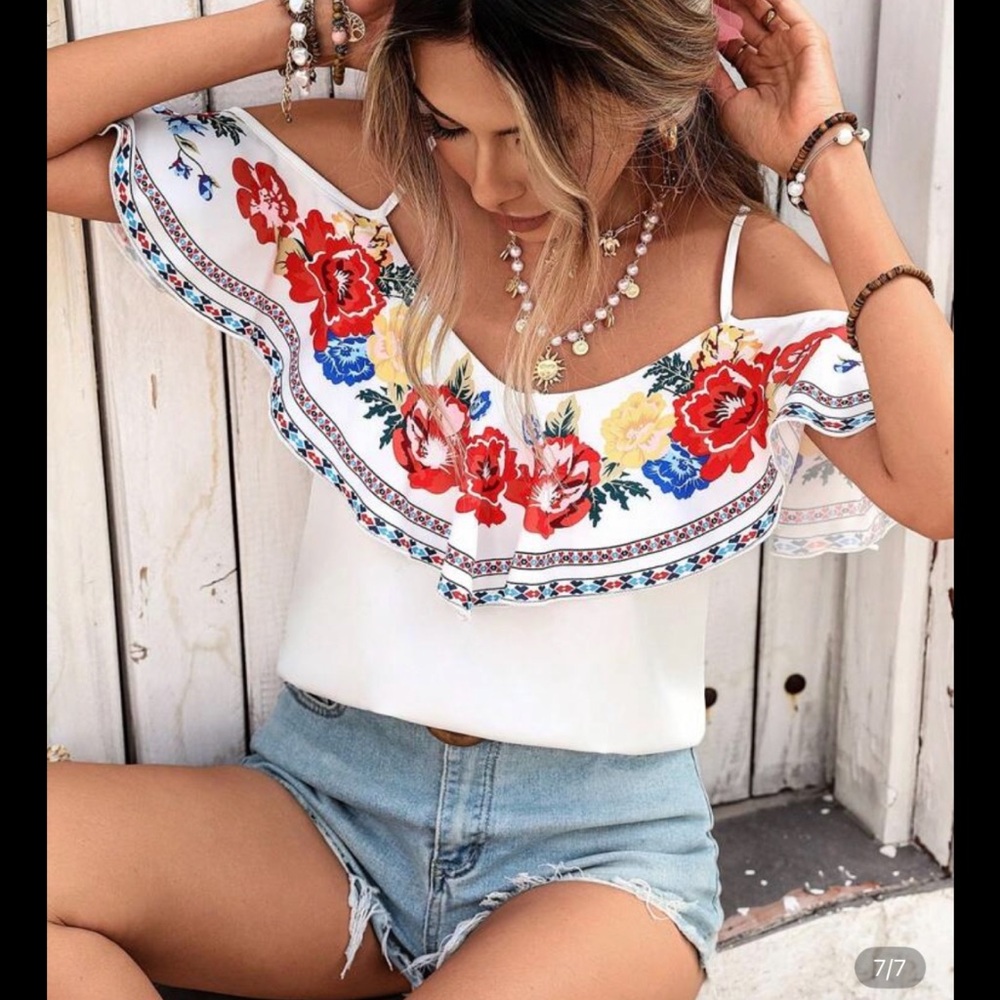 Floral Off-Shoulder Top - White with Red and Blue Flowers